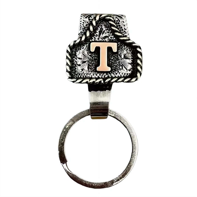 Western Cow Tag Key Holder - Vintage Metal Initial Keychain with Belt Clip, Rustic Cowboy Keychain for Belt or Pocket (Style T) - Image 1